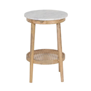 Dowalvn Round Marble Top Rattan Shelf Mango Wood Side Table