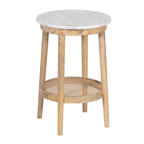 Dowalvn Round Marble Top Rattan Shelf Mango Wood Side Table