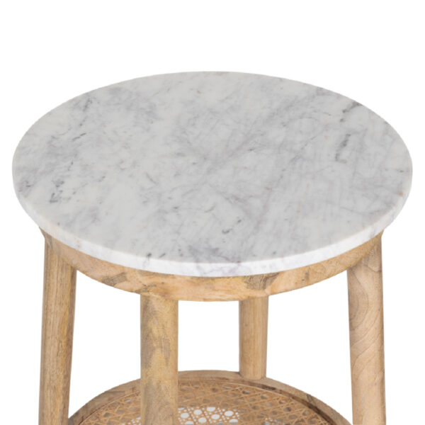 Dowalvn Round Marble Top Rattan Shelf Mango Wood Side Table