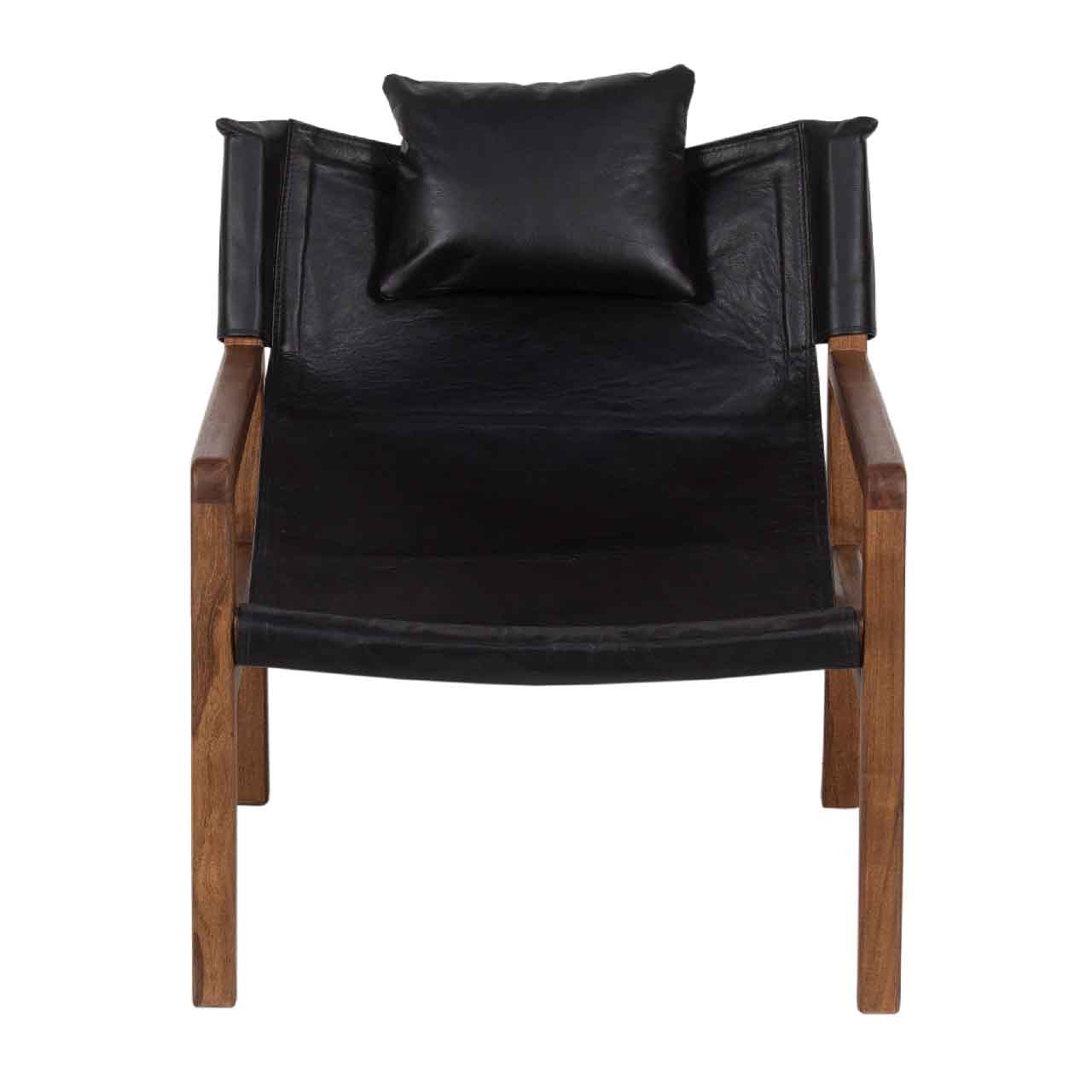 Malibu Acacia Wood Black Buff Leather Sling Chair