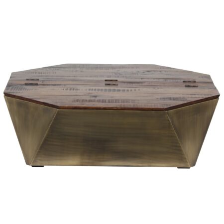 Octagonal Brass Cladded or Distressed White Mango Wood Coffee Table with Storage