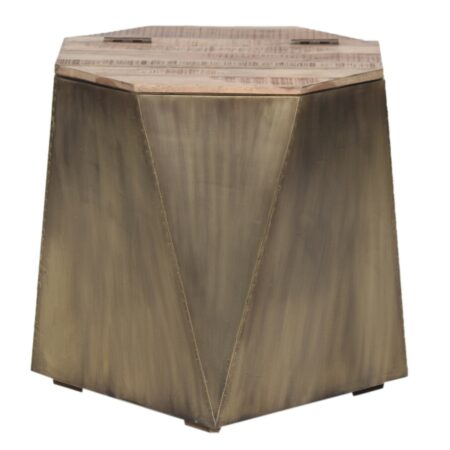 Octagonal Brass Cladded or Distressed White Mango Wood Side Table with Storage